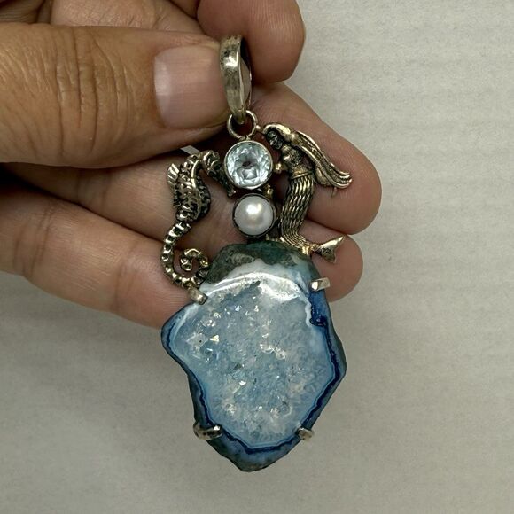 Sterling Silver Blue Agate Druzy Topaz Mermaid Seahorse Pendant Rare 20.63g - Picture 10 of 10